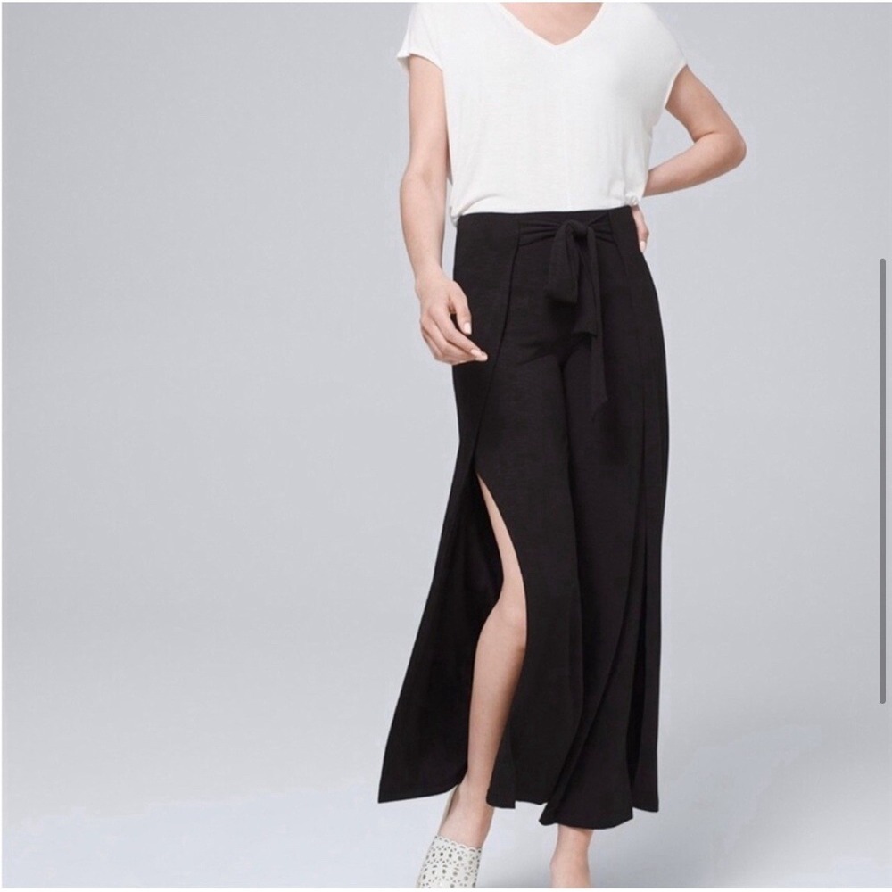 White House Black Market Slub Knit Wrap Wide Leg Cropped Black Pants Small - Picture 13 of 14
